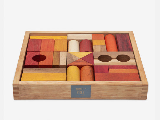 Wooden Blocks in a Box – Warm Colors, 30 Pieces