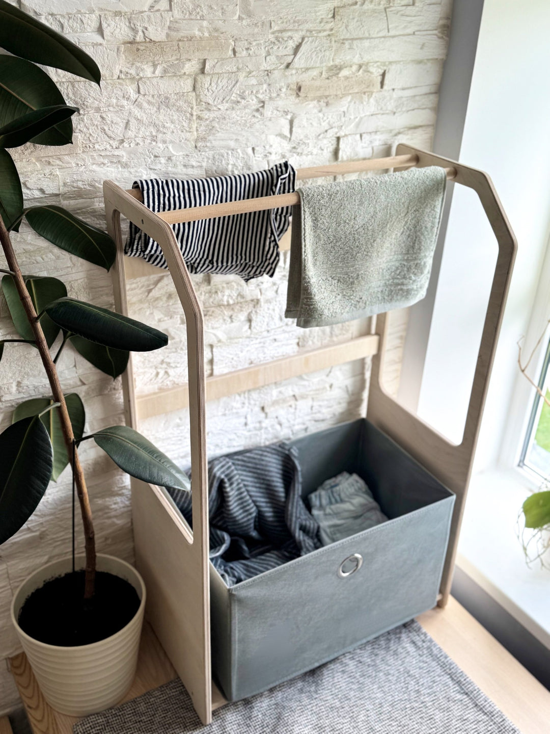 Montessori Wooden Clothes Drying Rack with Green Storage