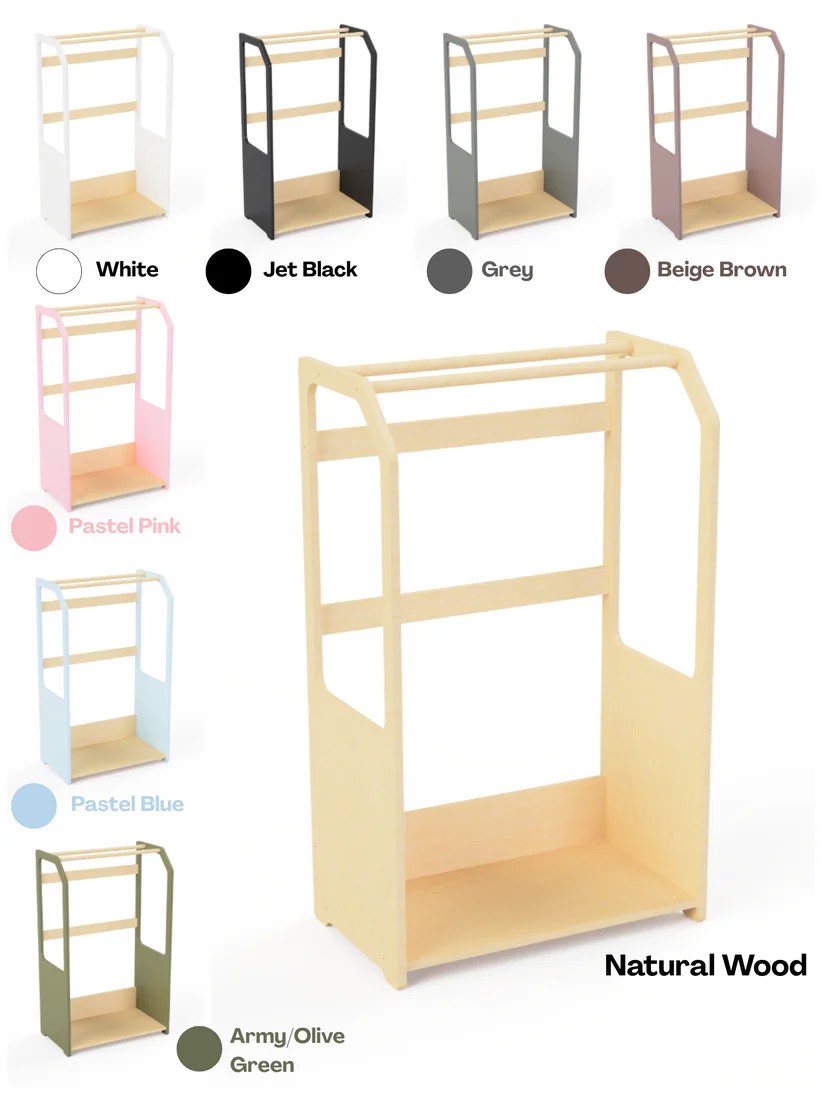 Montessori Wooden Clothes Drying Rack with Beige Storage